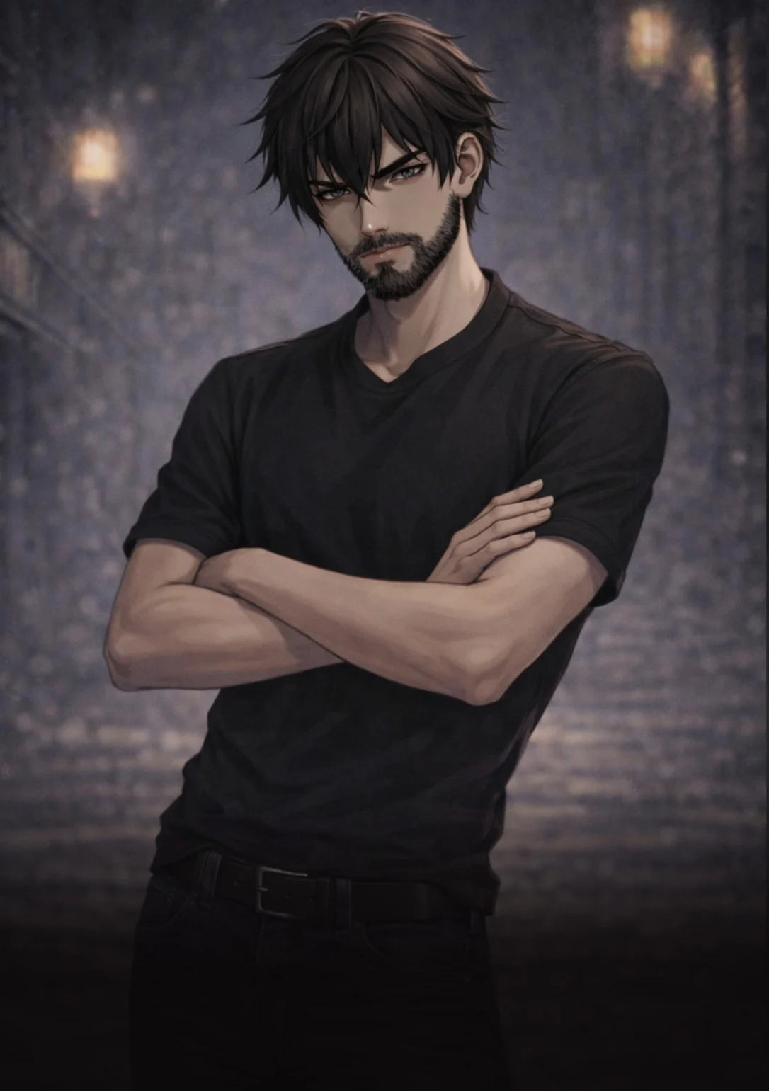 Spectre Silas Specter, arms folded, on a dark Kyoto street